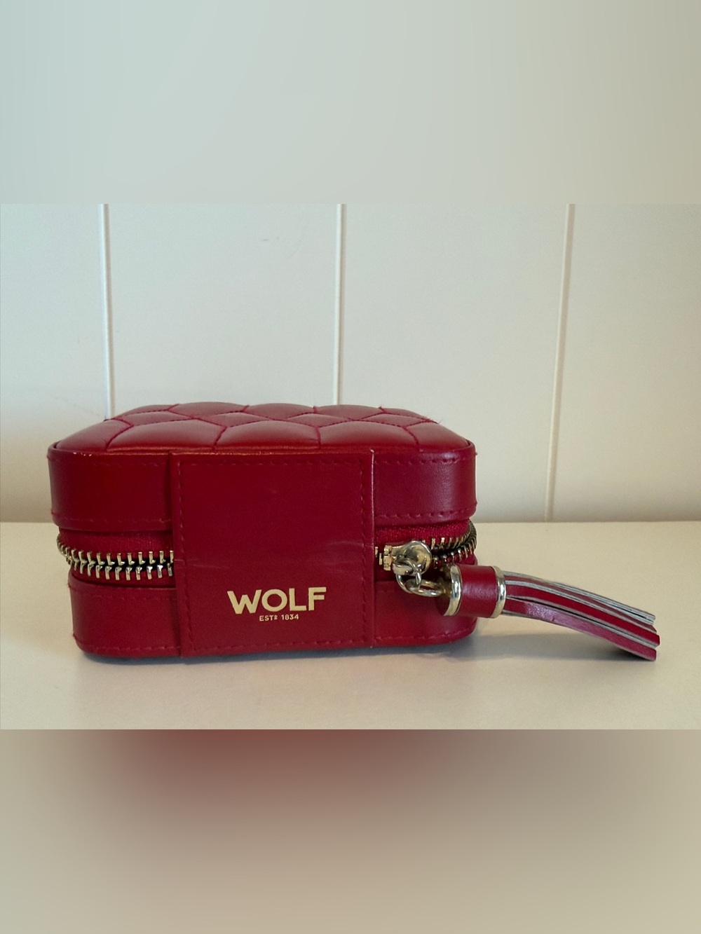 WOLF Red Quilted Leather Jewelry Case with Tassel Wristlet
